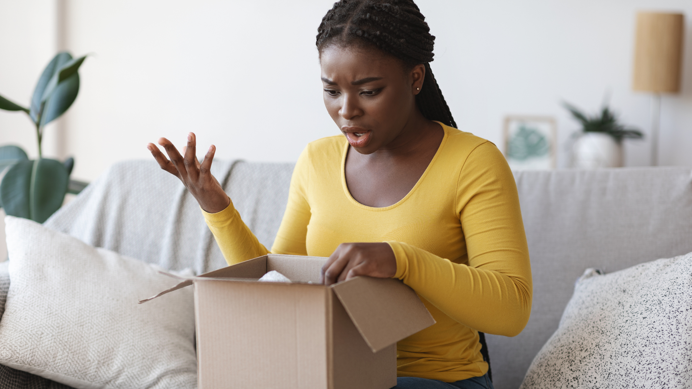 Black woman Unpacking. Faulty products. Mistakes little